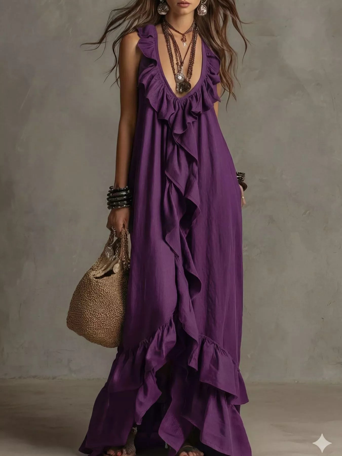 Purple sleeveless maxi dress with layered ruffle trim and V-neck