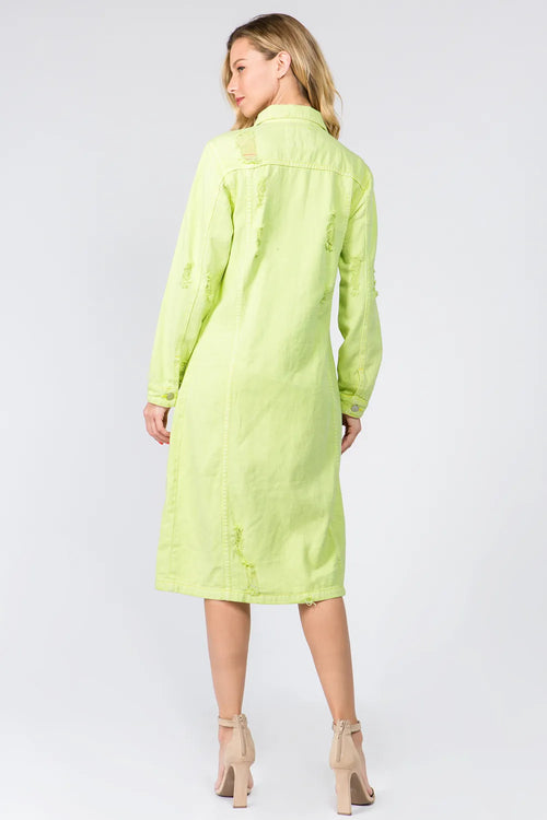 Lime button-up denim dress with back yoke and long sleeves
