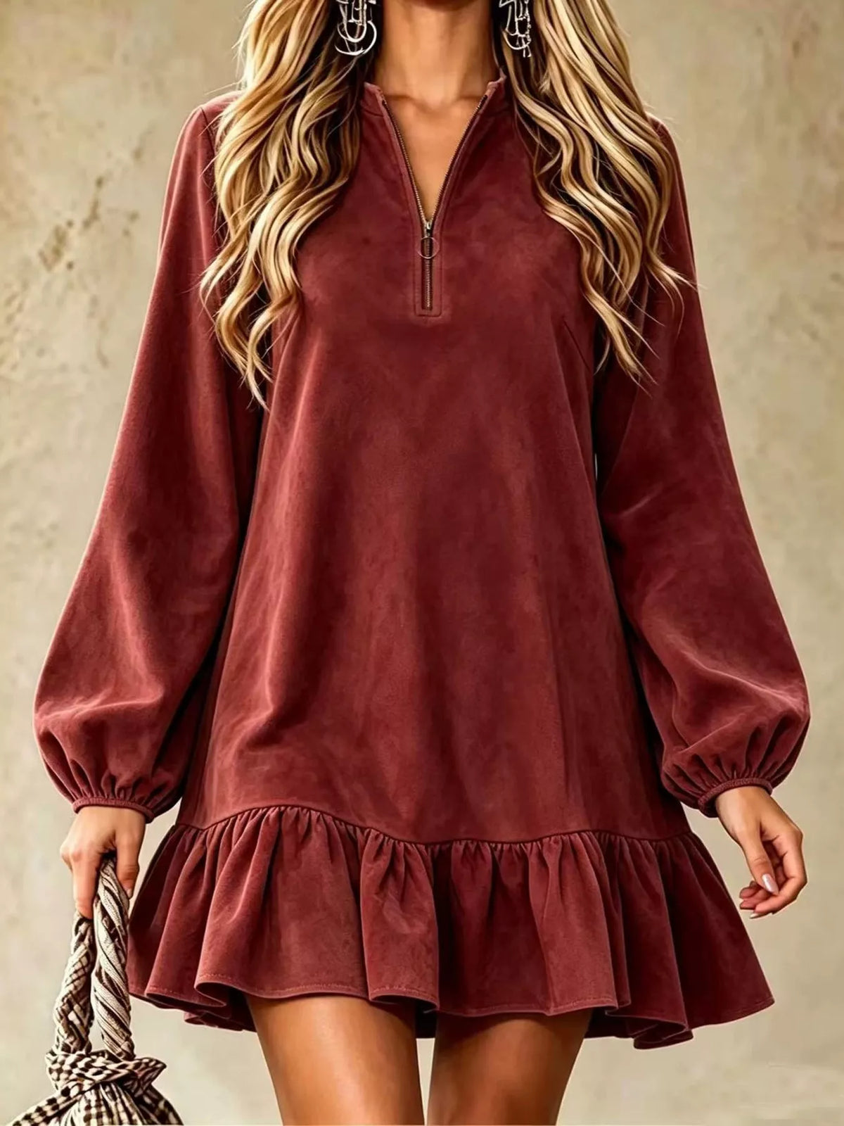 Burgundy quarter-zip ruffle mini dress, front view with balloon sleeves and tiered hem
