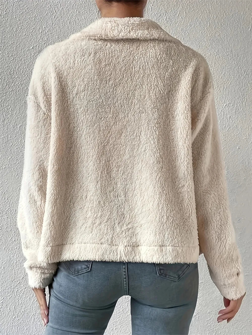 Beige sherpa button-up jacket, back view with stand collar