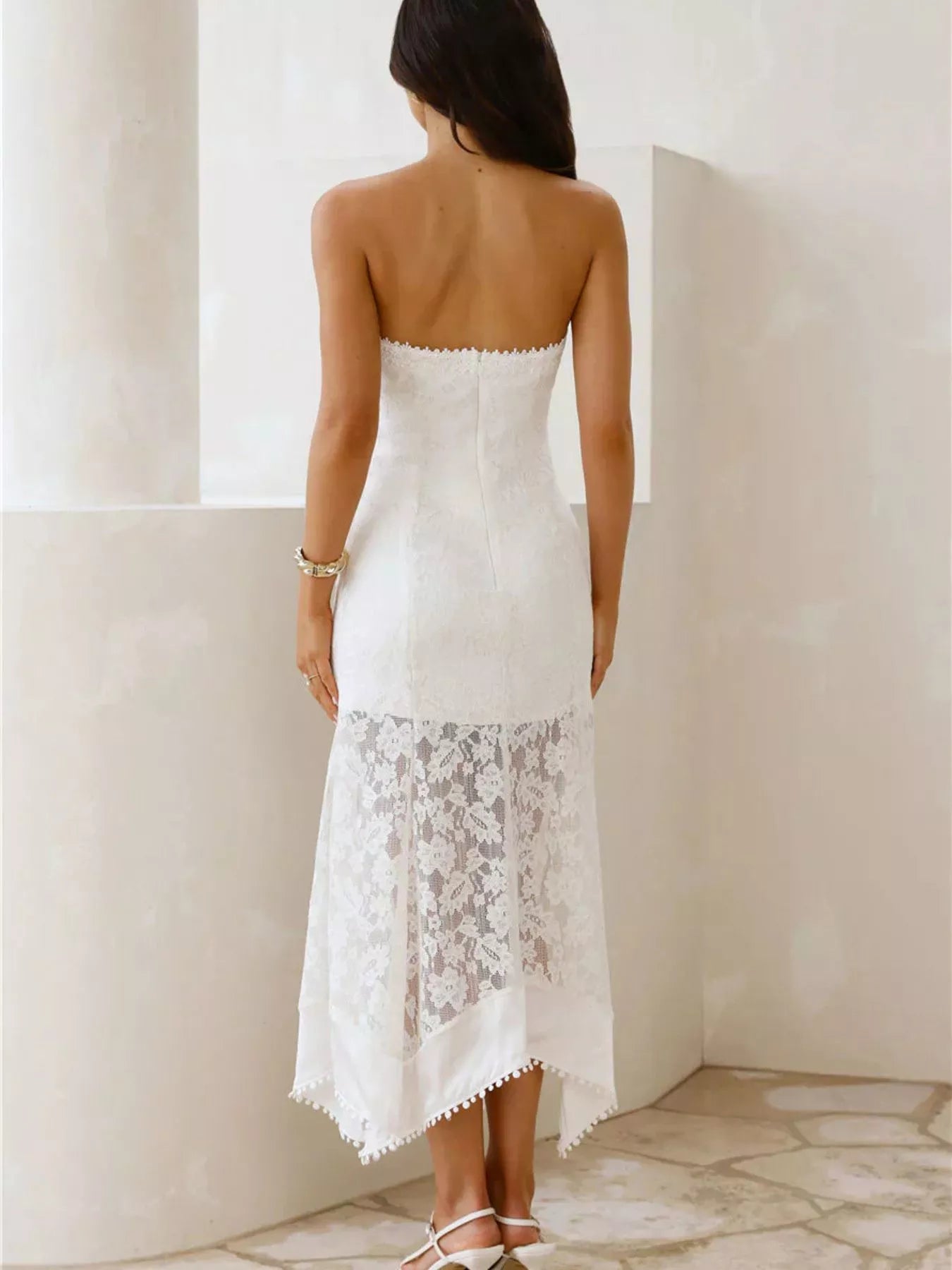 Cedar & Moore Elegant Lace Strapless Midi Dress, white lace, back zipper, Trendsi