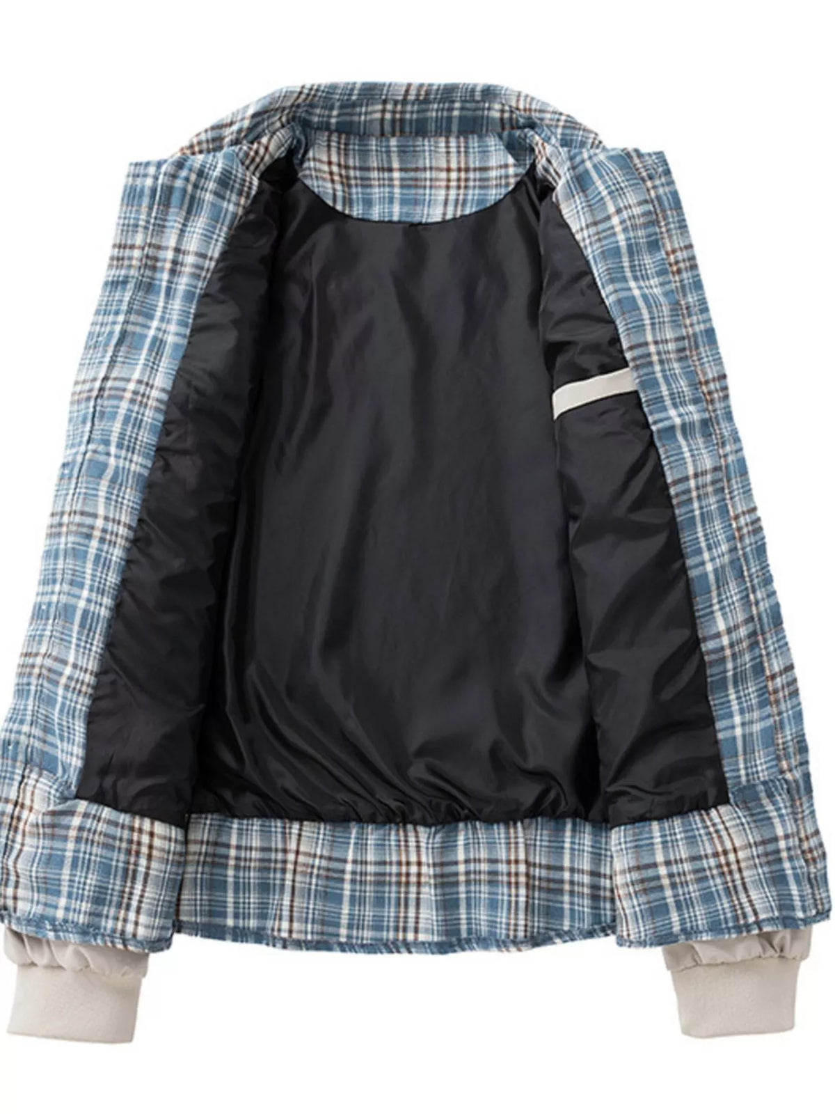 Men's long sleeve plaid jacket with blue check outer, black quilted lining, zip front