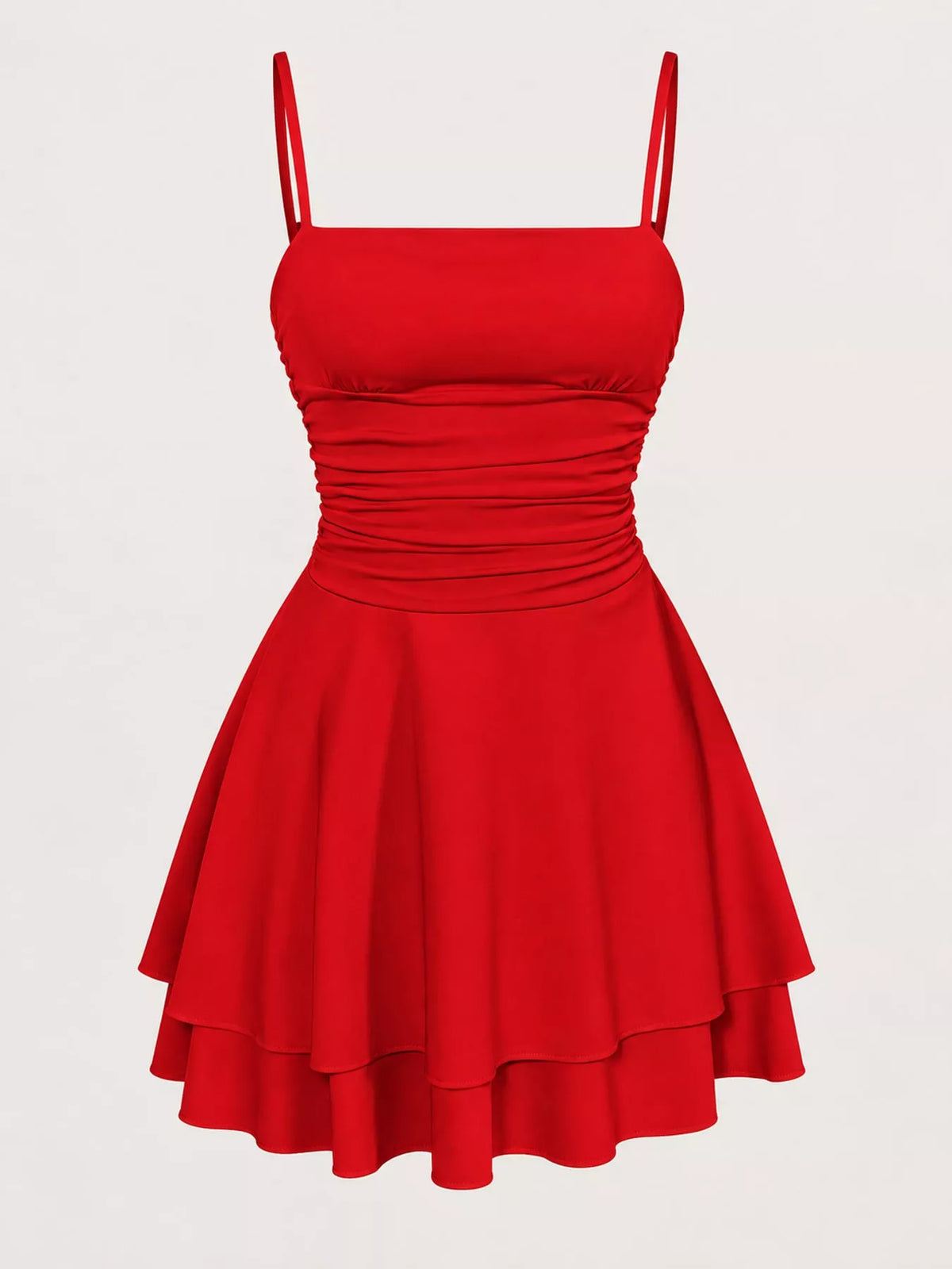 Ruched layered spaghetti strap mini dress in red, square neckline and tiered skirt
