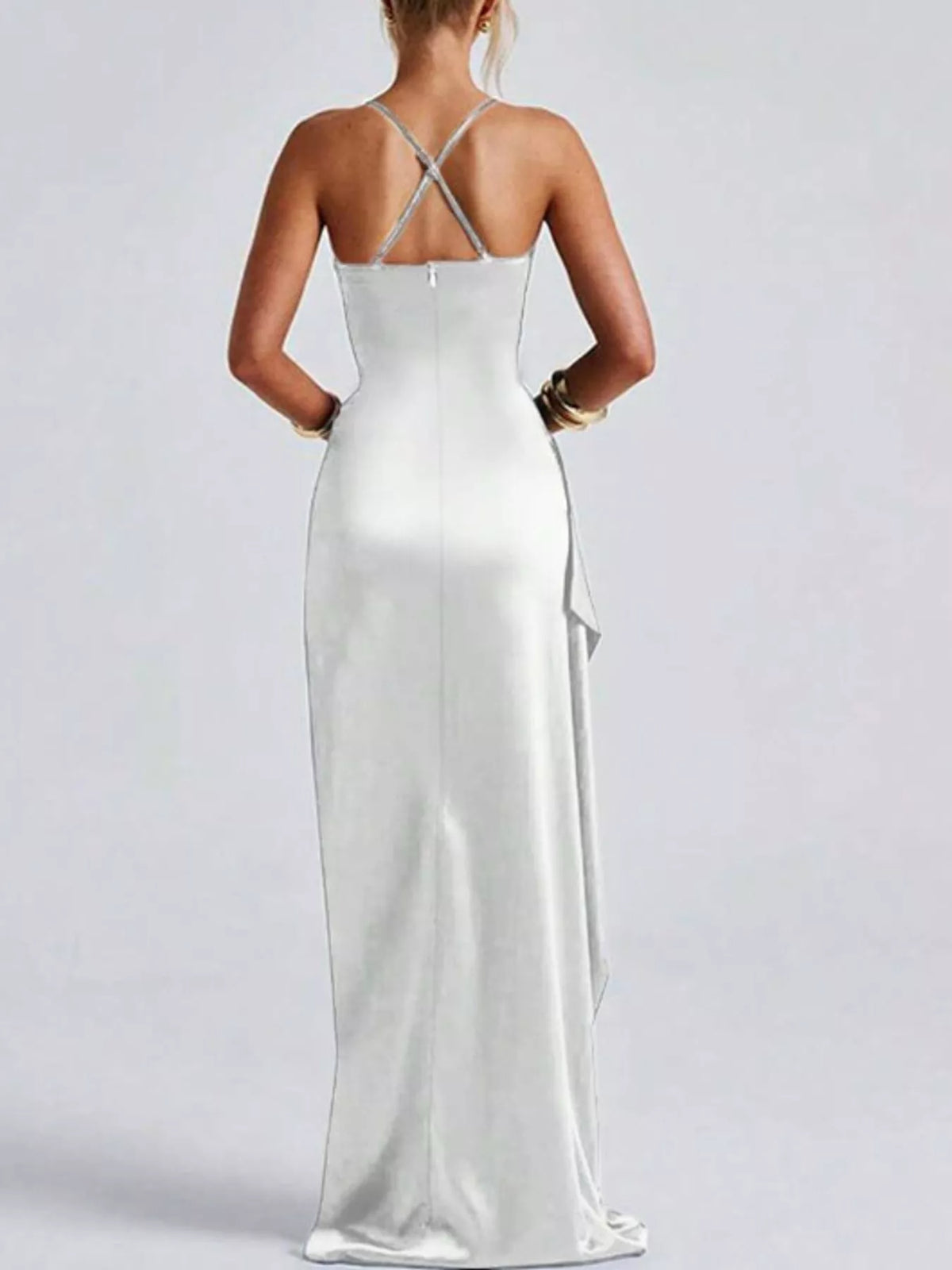 White satin ruched high-side-slit maxi dress with crisscross open-back straps.