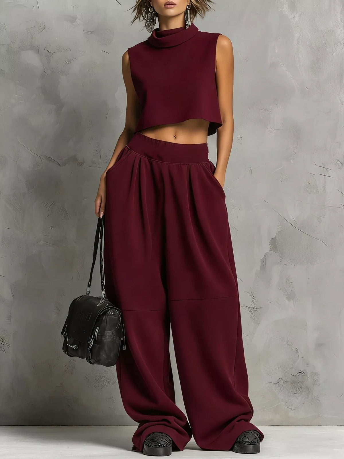 Sleeveless mock crop top and sweatpants set, wine red high-neck crop top with pleated joggers