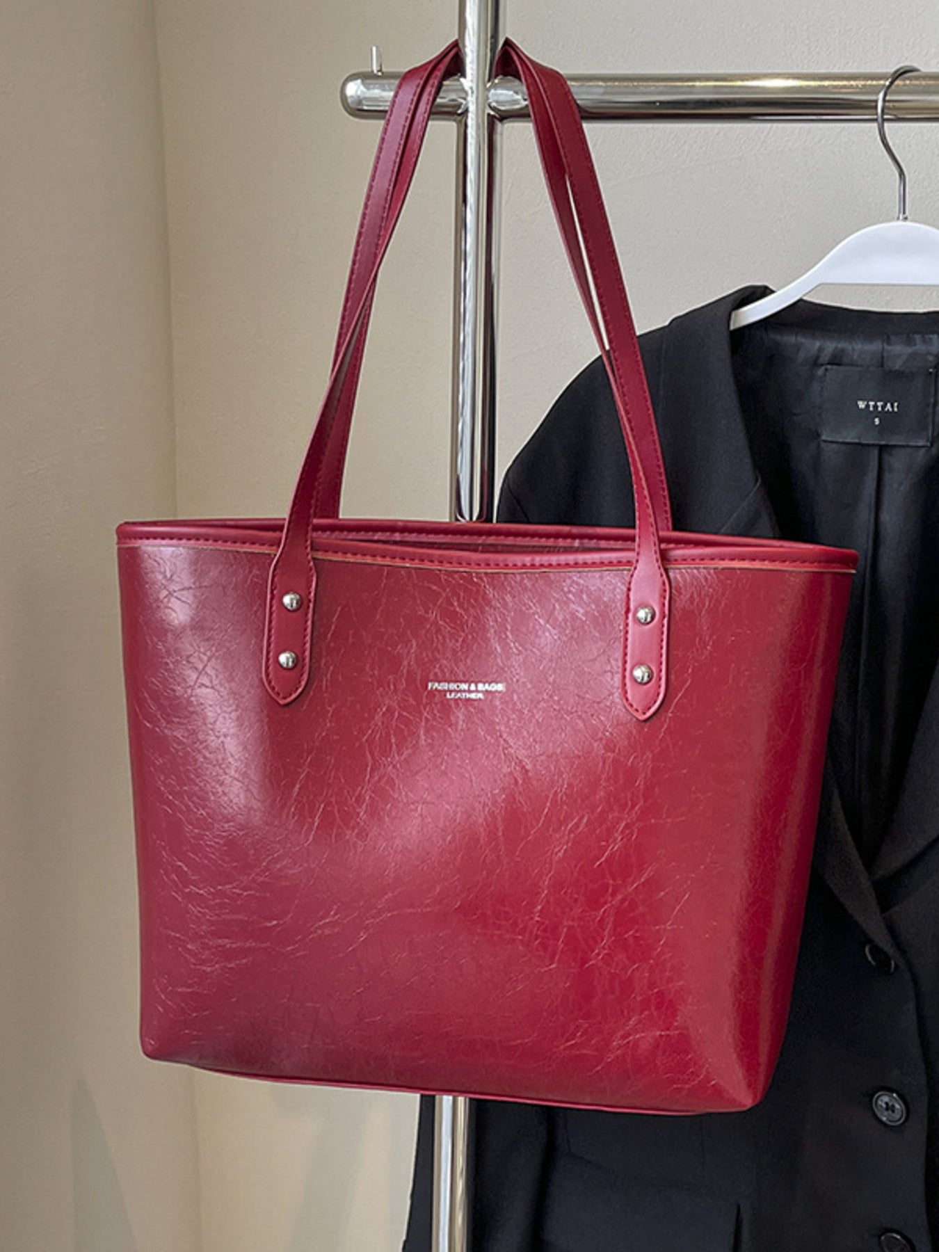 Faux leather shoulder bag, large red PU with two top handles