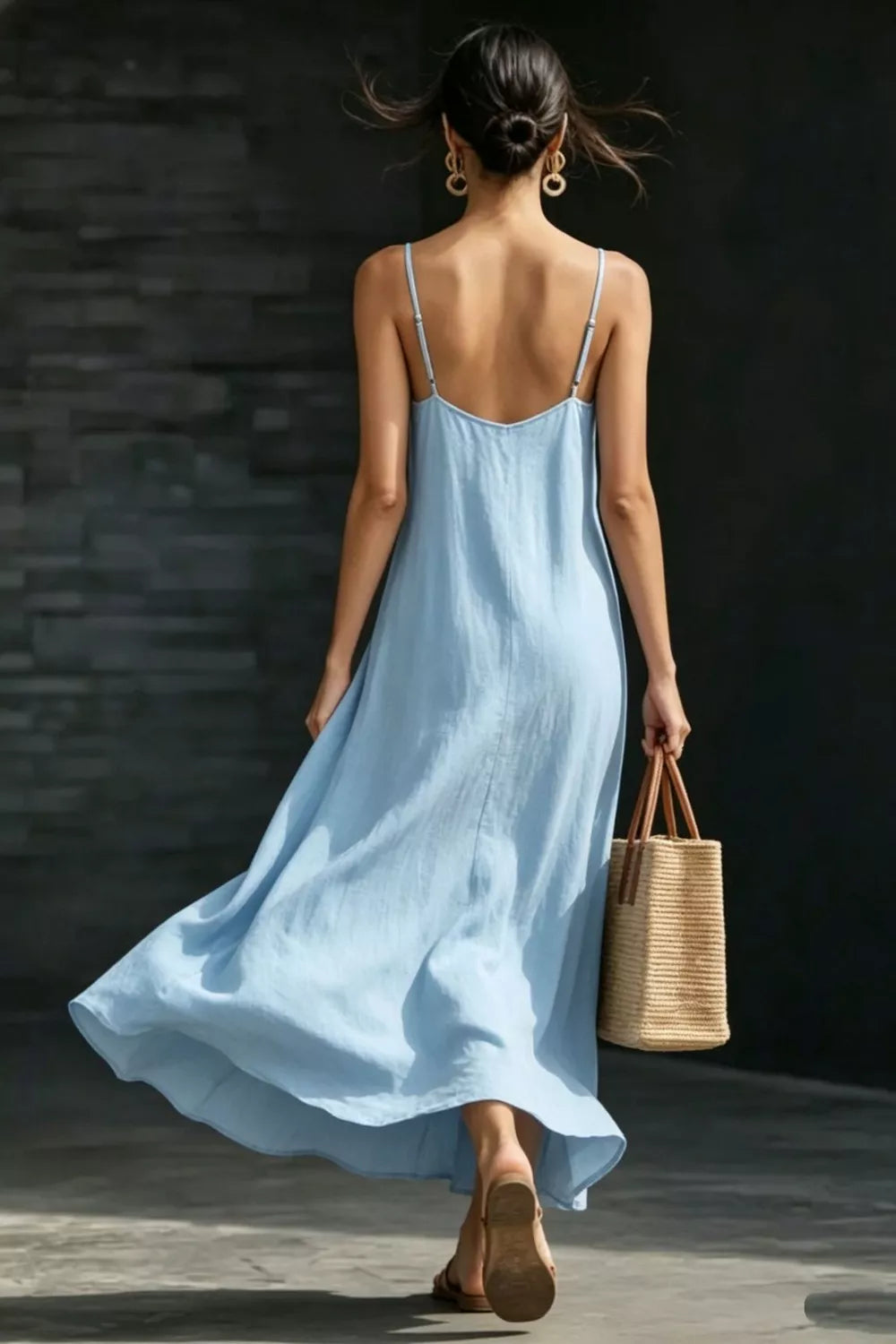 Cedar & Moore Slit V-Neck Maxi Dress, light blue, back view with thin straps and flowing hem.