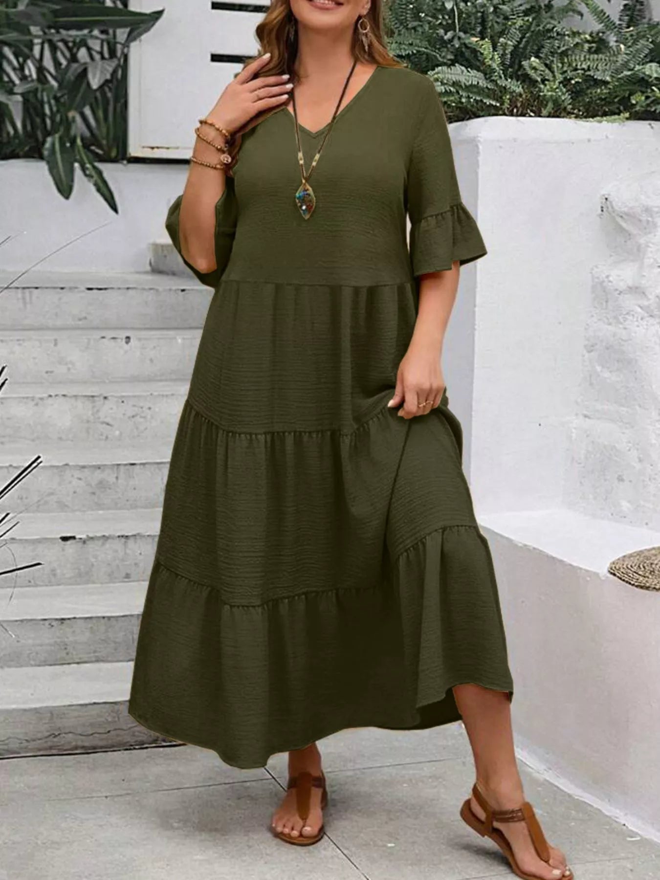 Army green tiered midi dress with ruffle sleeves, tiered skirt and V-neck