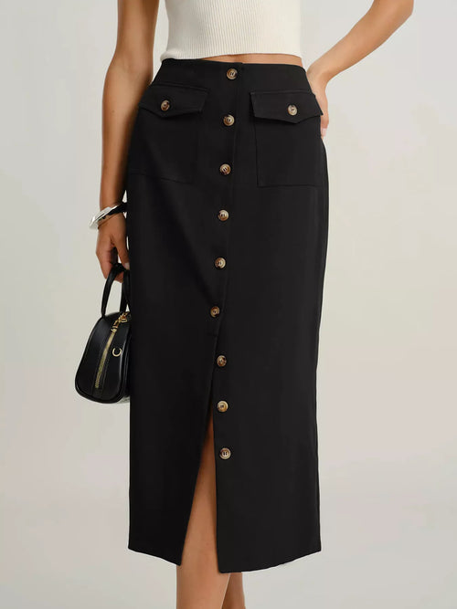 Black button-front midi skirt with two chest pockets and front slit