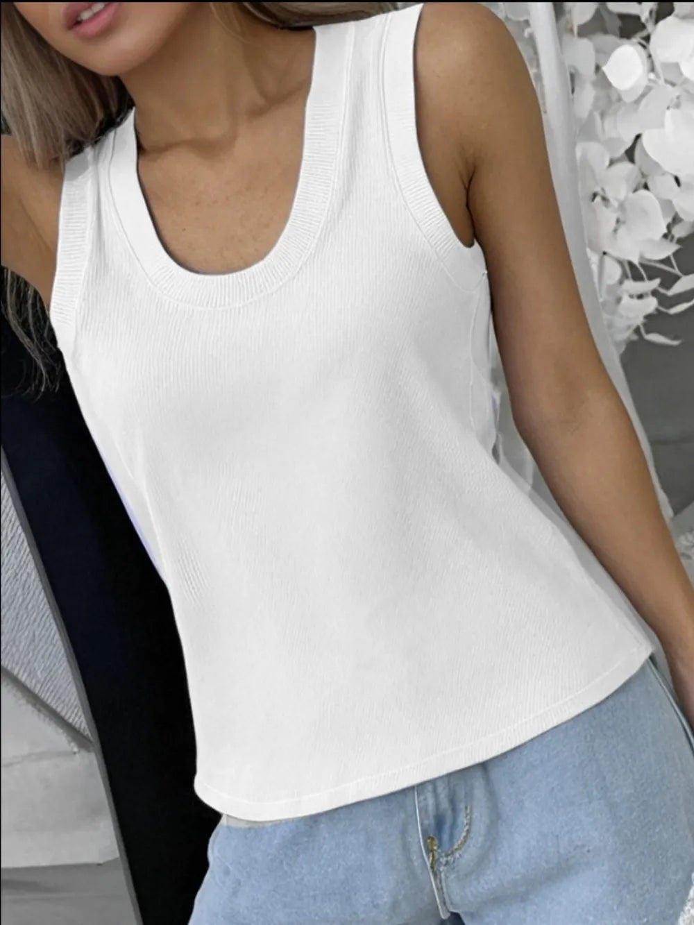 White solid scoop neck tank top, sleeveless knit fabric with rounded neckline