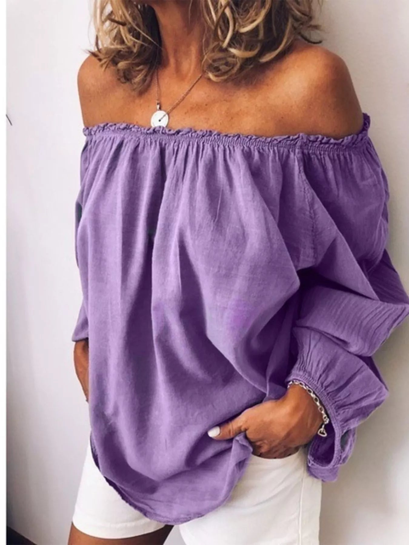 Off-shoulder frill-trim blouse in lavender purple, gathered neckline, loose long sleeves