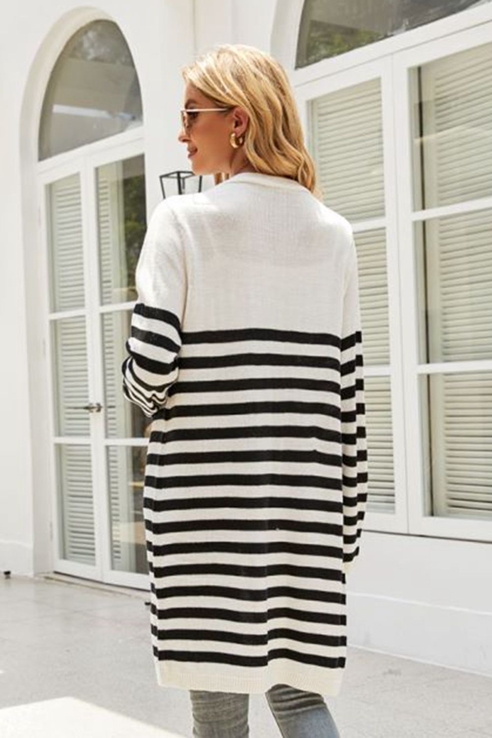 Black-and-cream striped longline open-front cardigan, back view with long sleeves