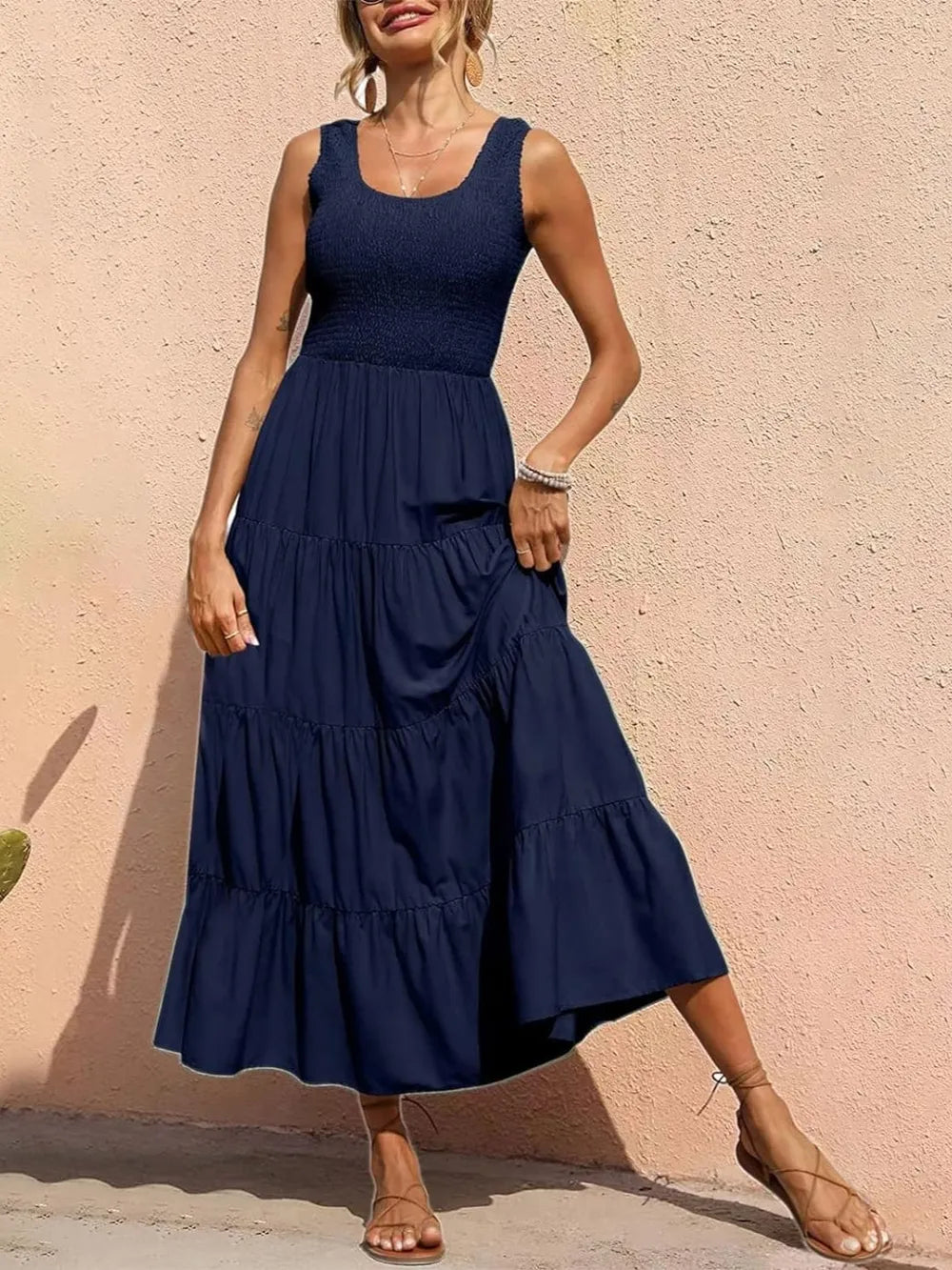 Navy tiered smocked wide-strap dress with tiered ruffle skirt