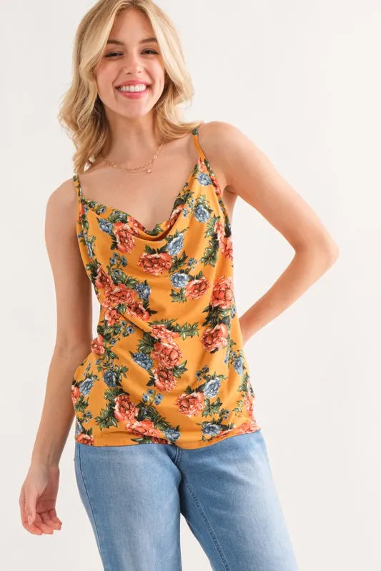 Mustard floral printed casual tank top with cowl V-neck and thin straps