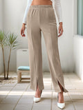 Khaki high-waisted wide-leg pants with elastic waistband and front slit
