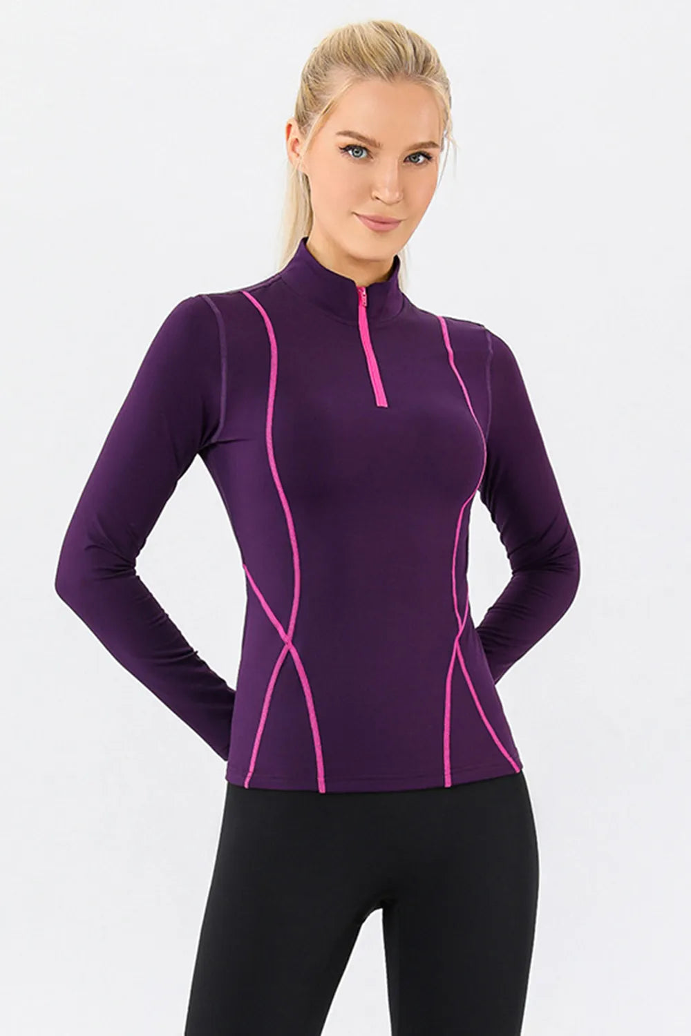 Violet mock neck quarter-zip active t-shirt with long sleeves and pink contrast seams