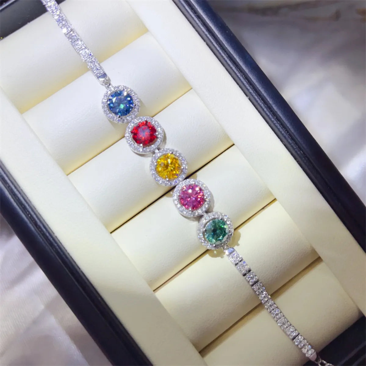 925 sterling silver bracelet with blue, red, yellow, pink, green round stones