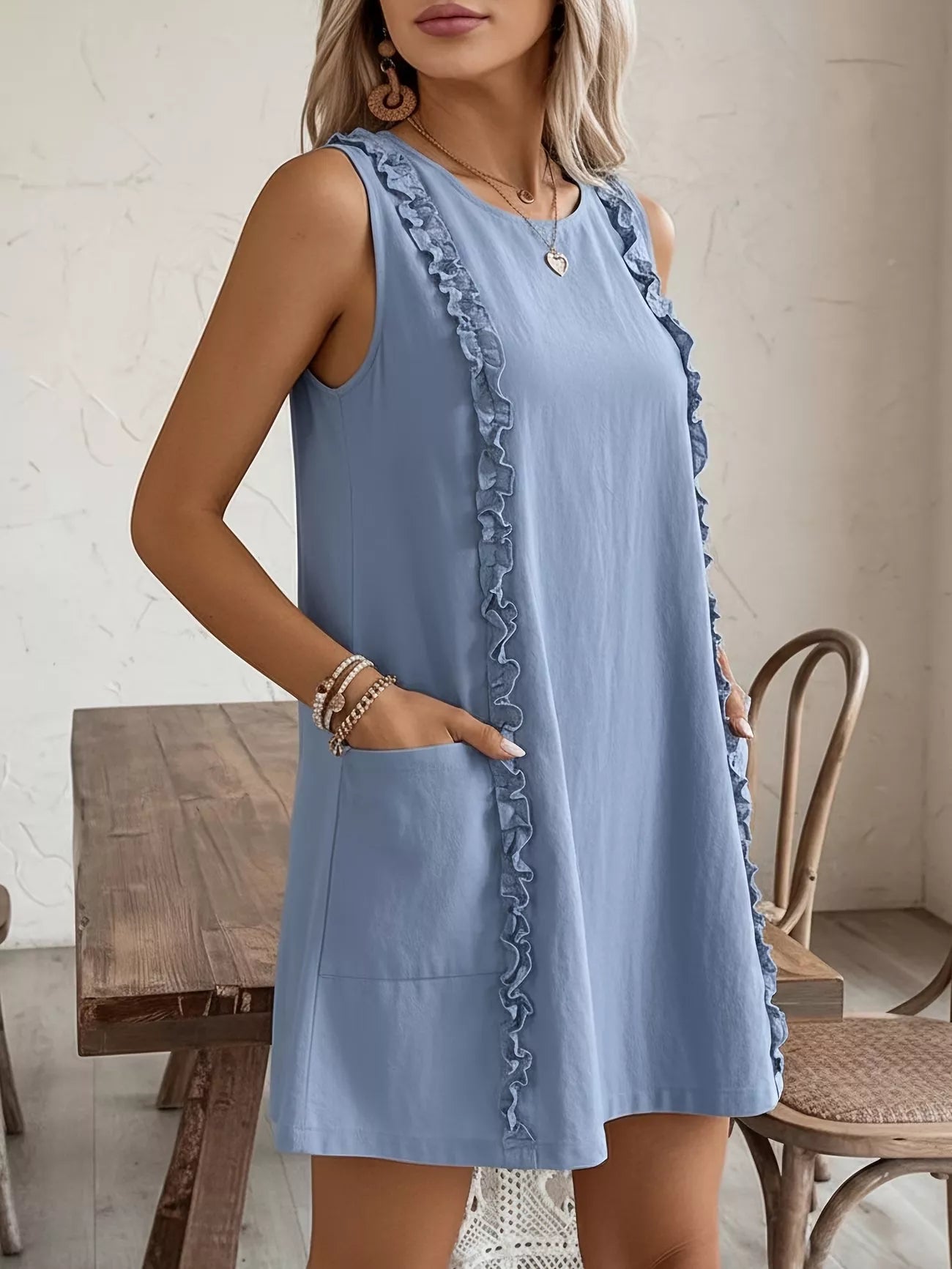 Cedar & Moore Frill Sleeveless Round Neck Dress by Trendsi in light blue with pockets and ruffled trim