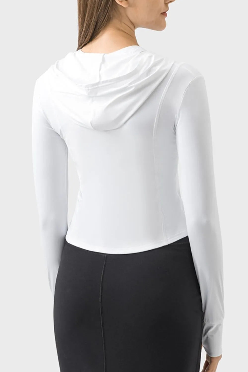 White zip-up hooded long sleeve jacket with kangaroo pocket, fitted back view