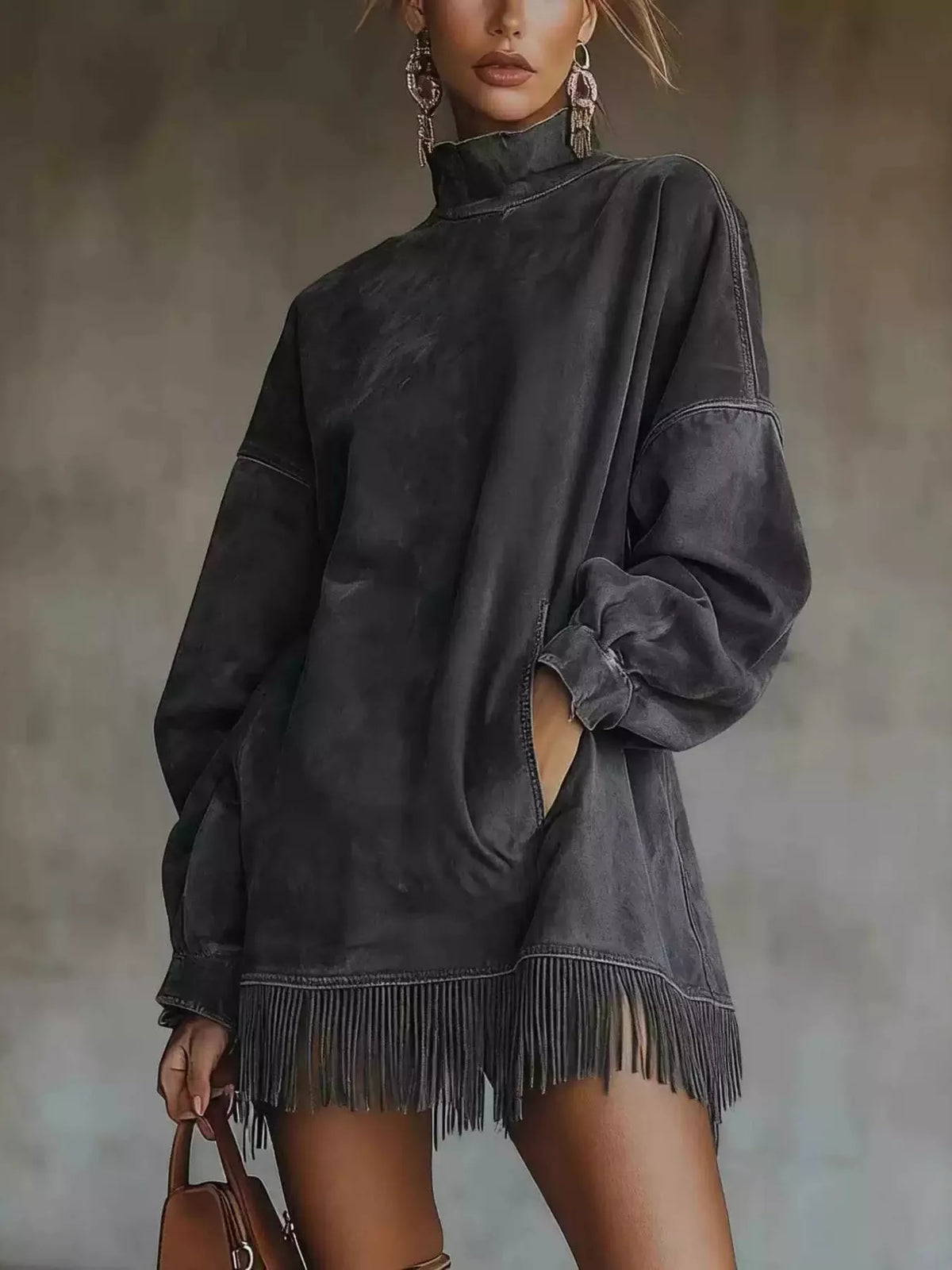 Charcoal mock neck mini dress with long sleeves and fringe trim at hem