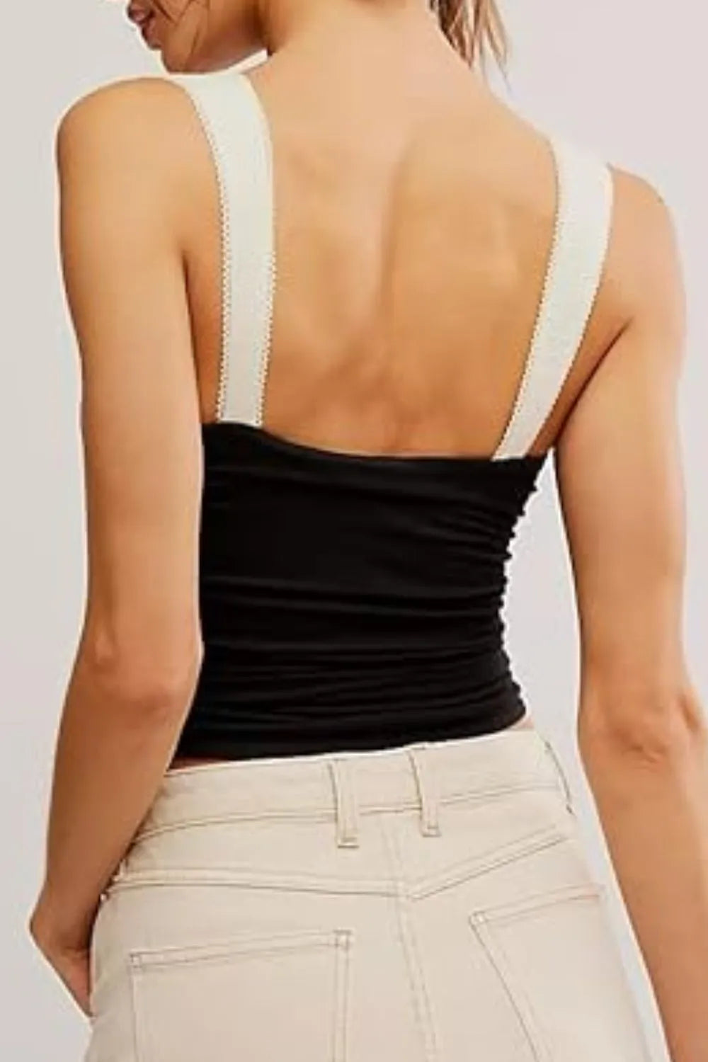 Black square-neck wide-strap cami from back view, wide straps
