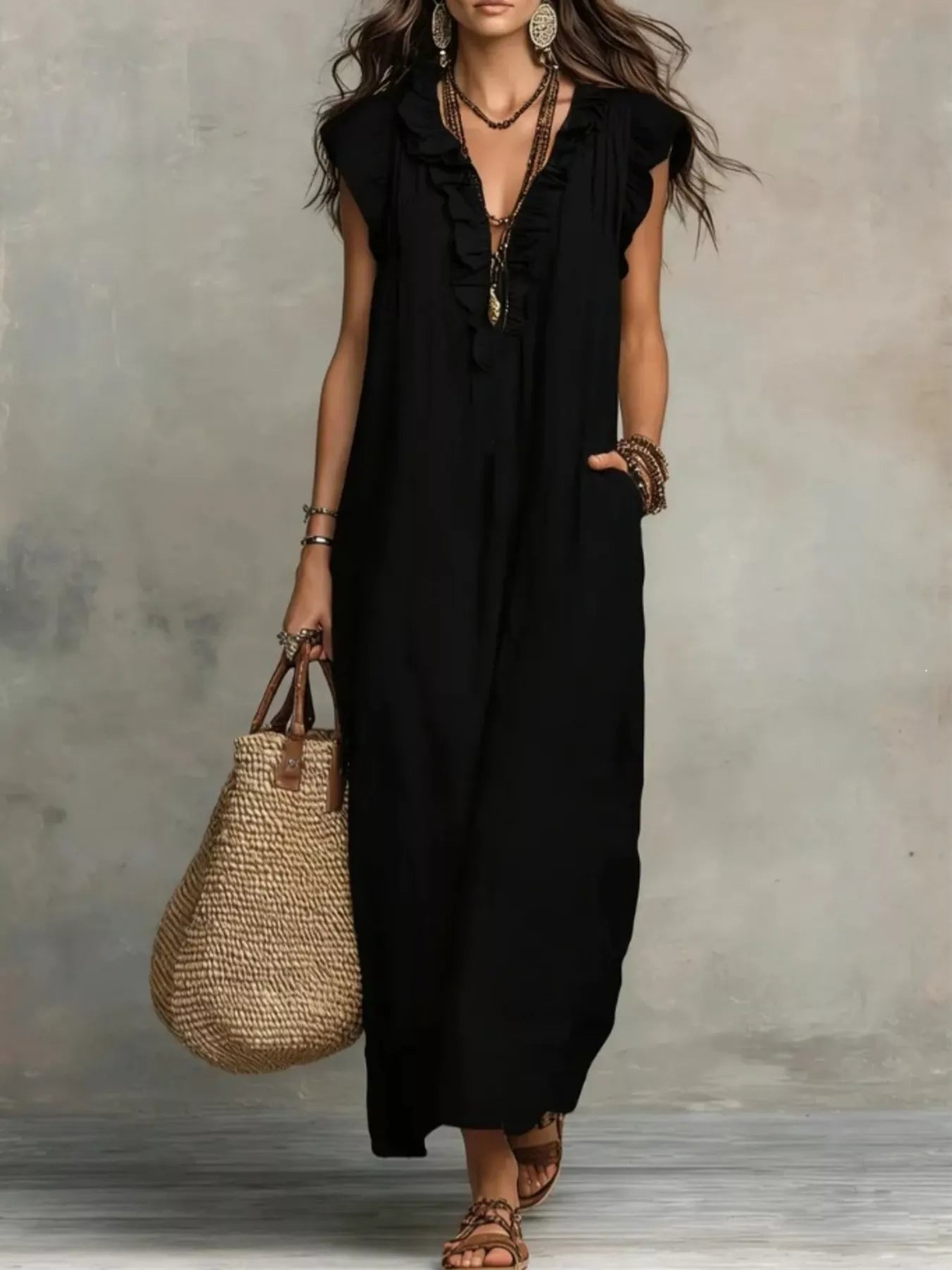 Black ruffled V-neck maxi dress with short flutter sleeves and embroidered front