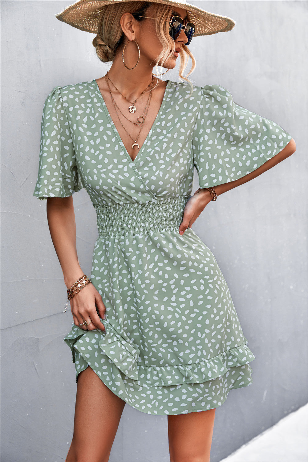 Green leaf printed smocked-waist surplice layered dress with short flutter sleeves