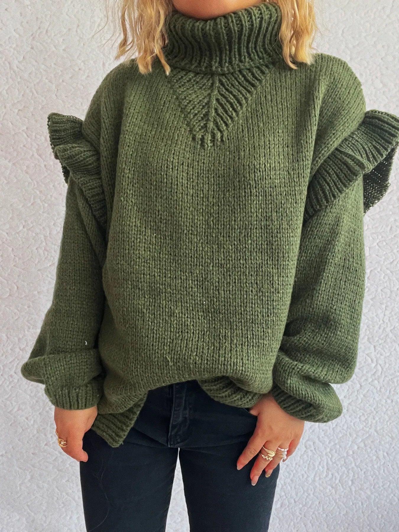 Ruffled turtleneck knit sweater, dark green, high neck and long sleeves