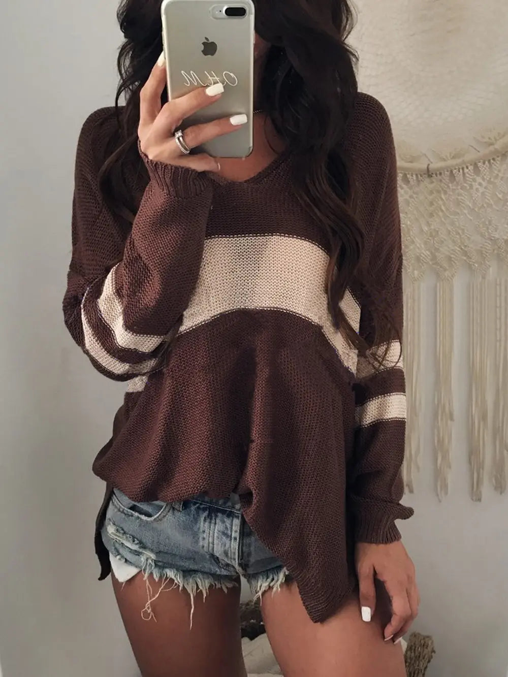 Chocolate-brown V-neck long-sleeve sweater with cream horizontal stripe and ribbed cuffs