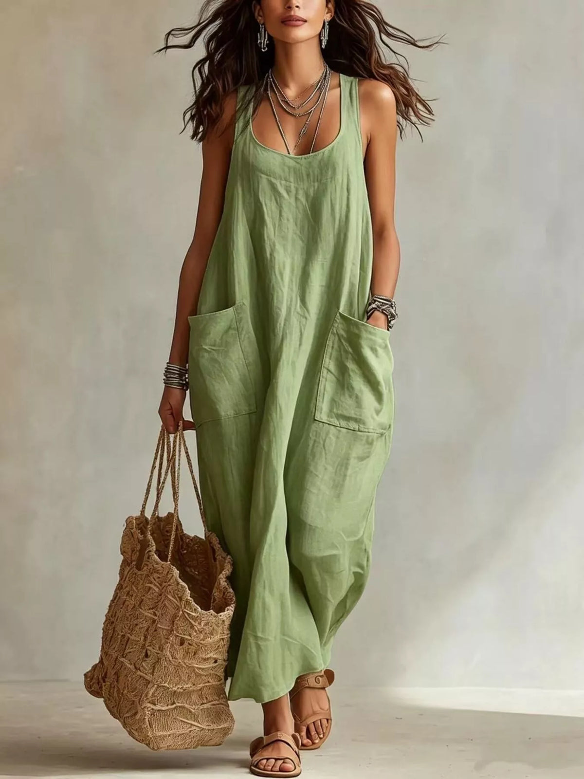 Light green sleeveless scoop-neck maxi dress with side pockets and roomy fit