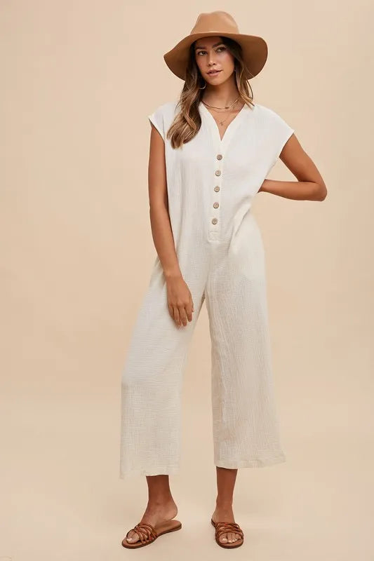 Cream short-sleeve button placket wide-leg jumpsuit, ankle length