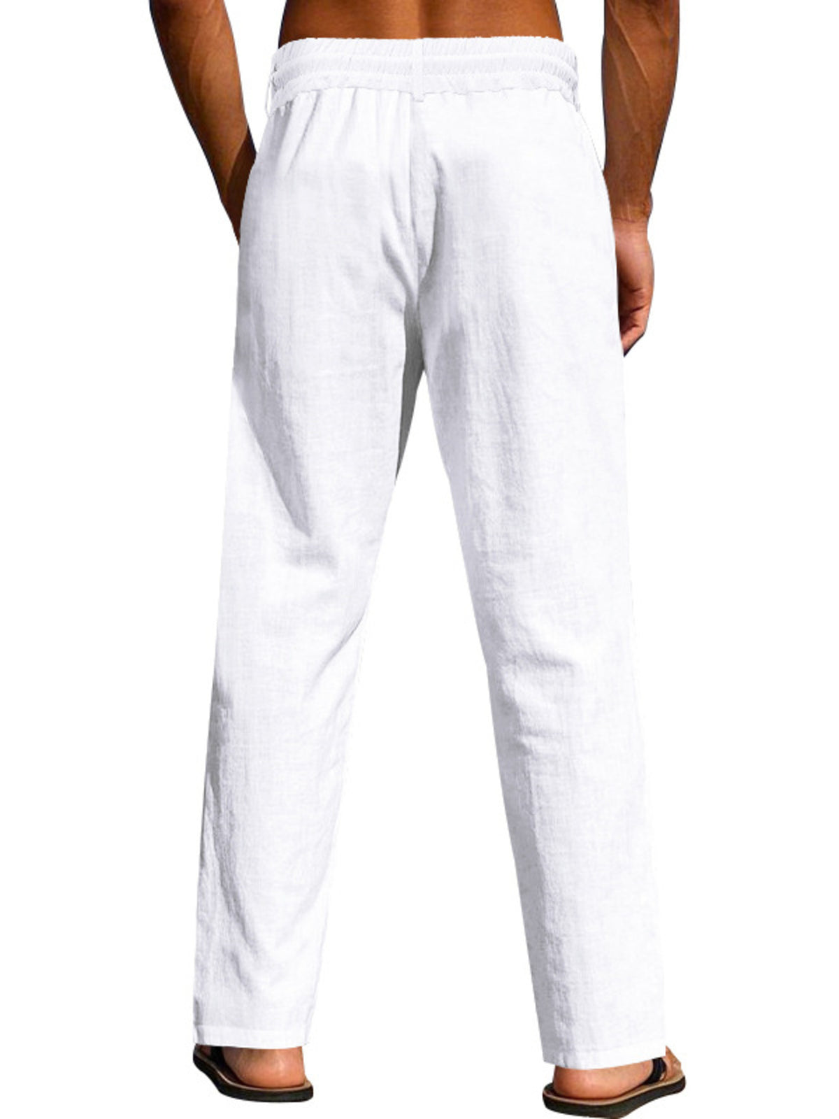 Lightweight men’s drawstring pants in white, elastic waistband, straight relaxed fit
