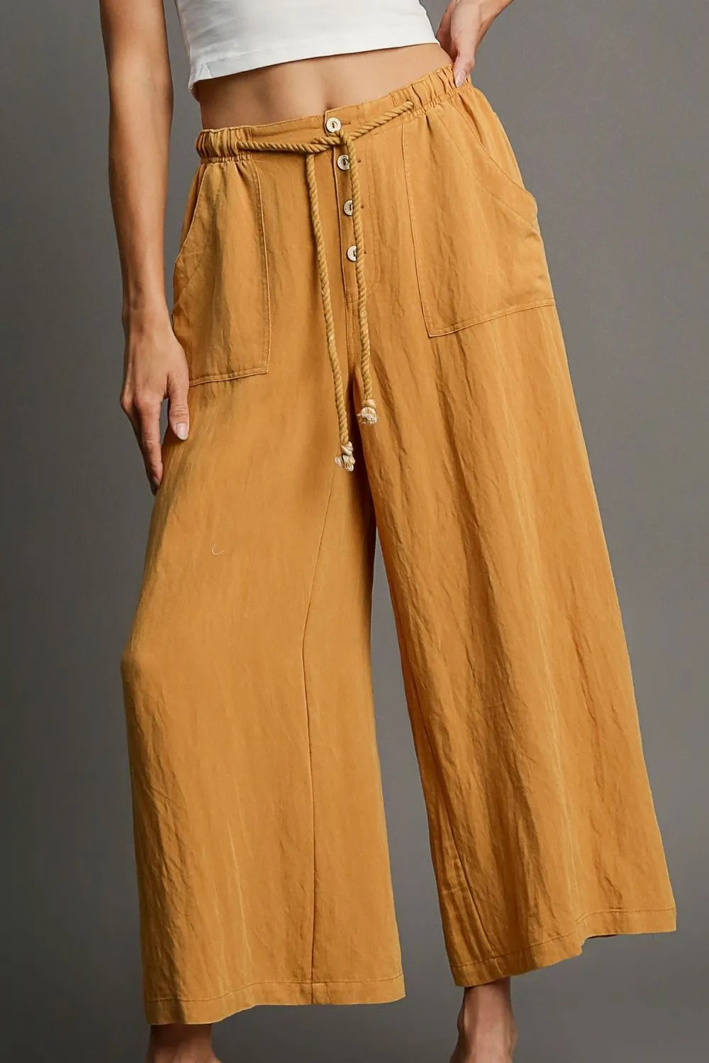 Mustard rope drawstring wide-leg pants, button front and side pockets