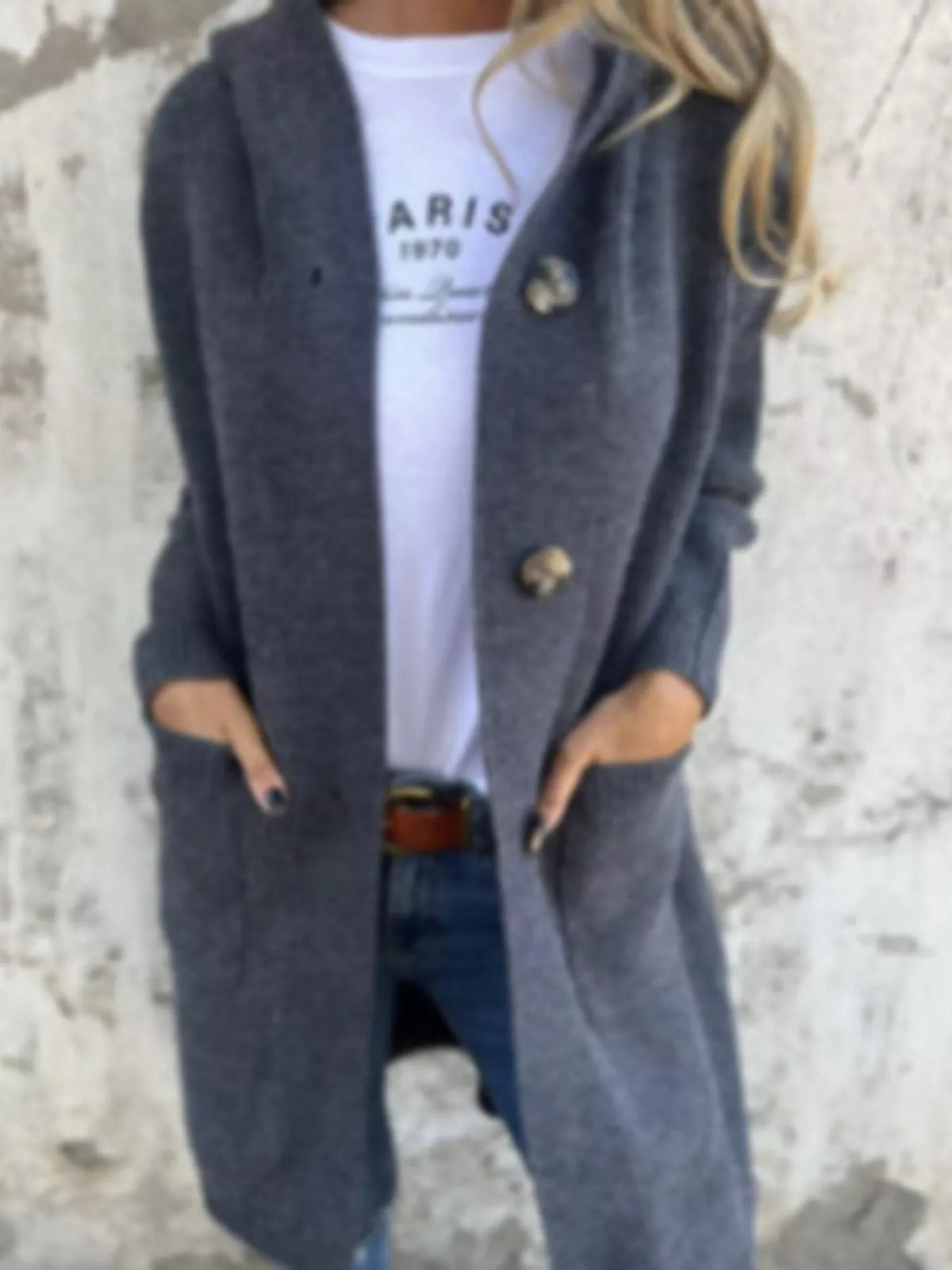 Charcoal gray hooded ribbed cardigan sweater with front button placket