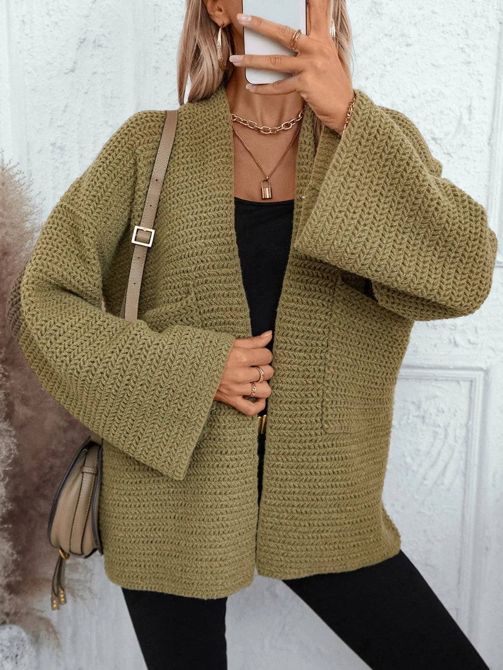 Moss open-front long sleeve cardigan with textured knit and side patch pockets
