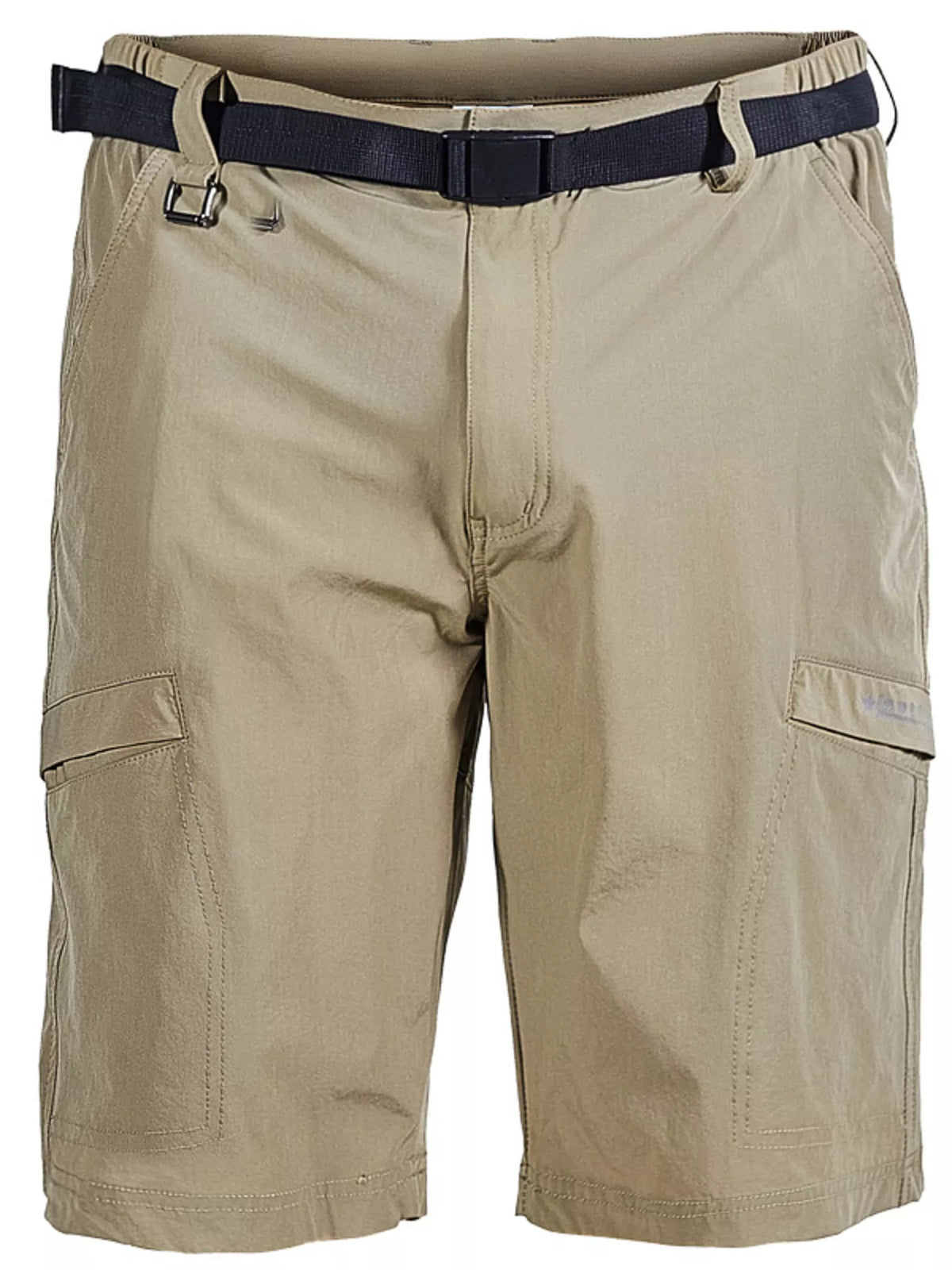 Beige belt-cargo shorts with button closure, front seams, and two side cargo pockets
