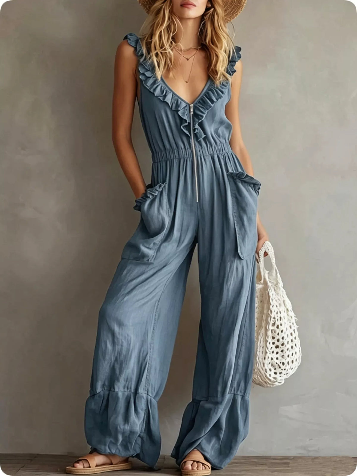 Slate blue ruffled V-neck sleeveless jumpsuit with tie front and flowy wide-leg fit