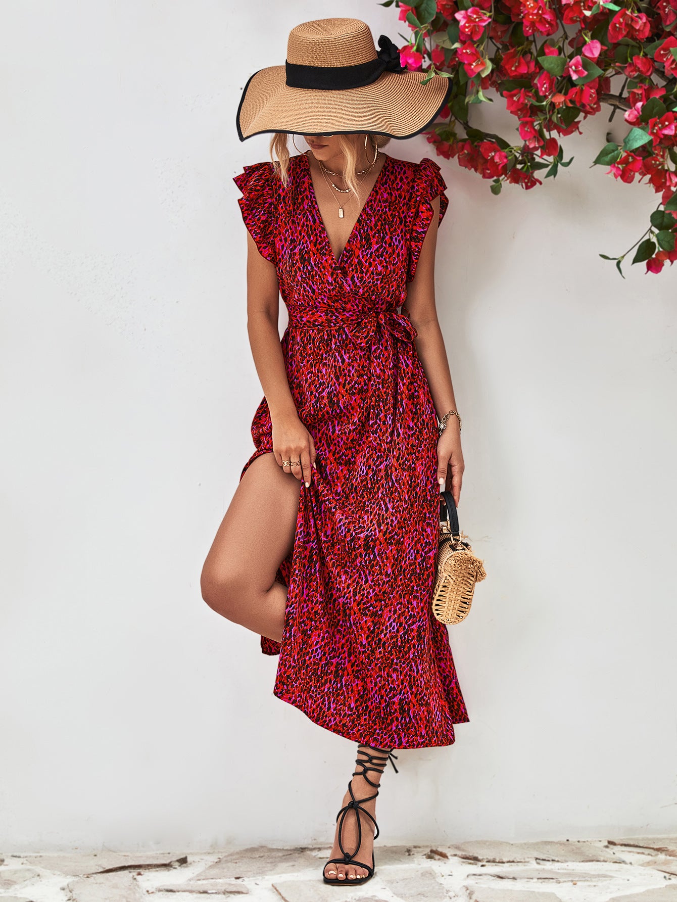 Printed surplice V-neck slit maxi dress with flutter sleeves, deep red multicolor print