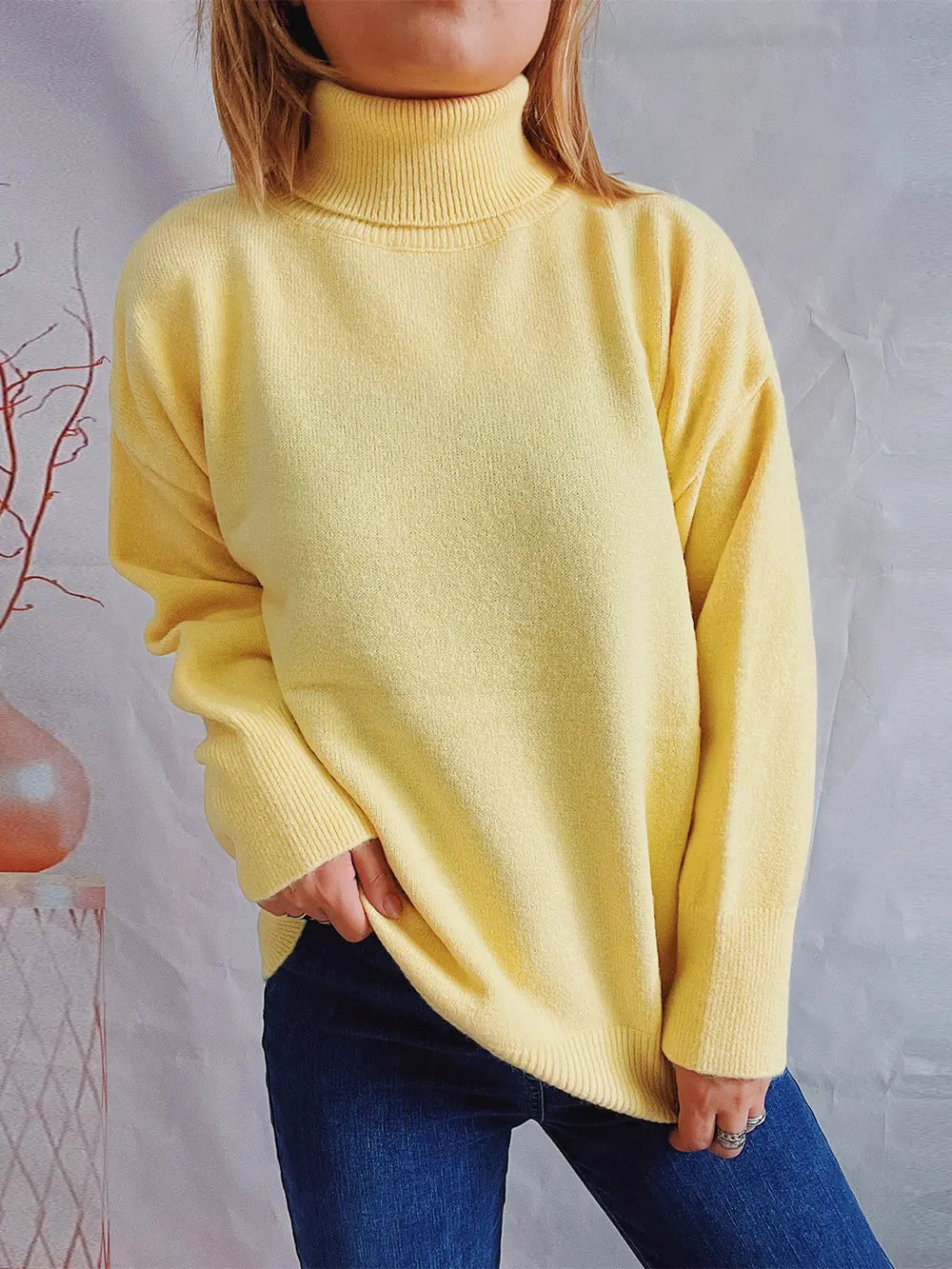 Yellow turtleneck long sleeve sweater with ribbed collar and cuffs