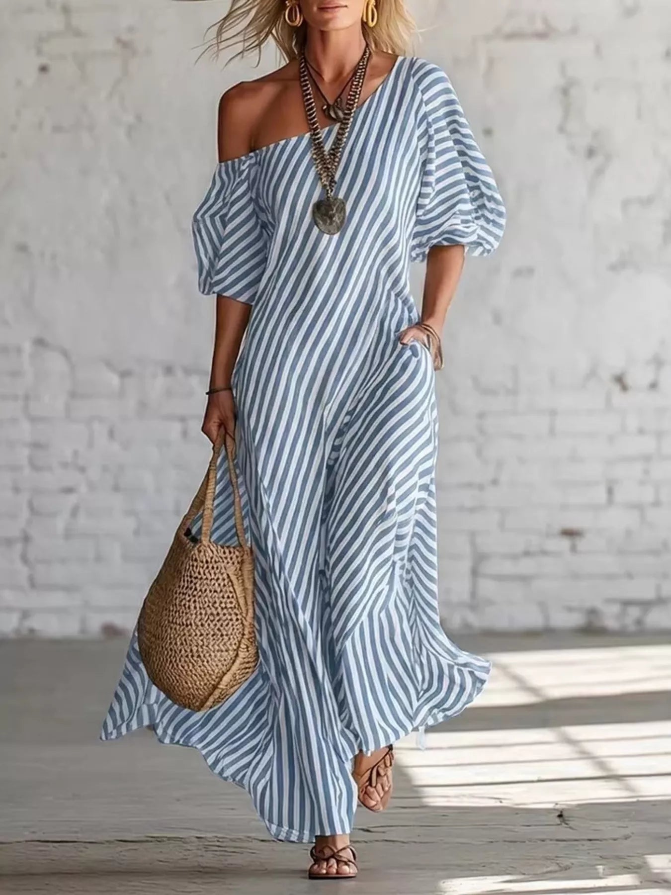 Cedar & Moore Full Size Striped One-Shoulder Casual Maxi Dress Plus Size, blue and white striped with puff sleeves