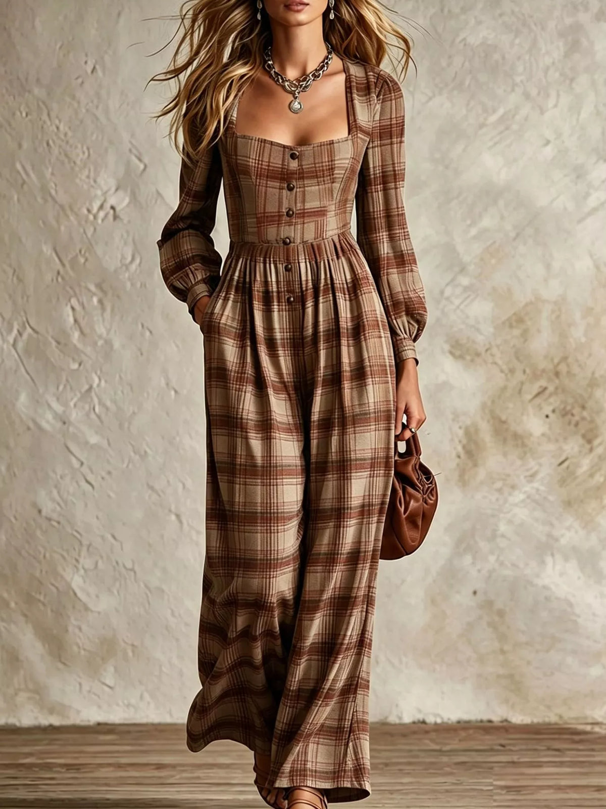 Plaid square-neck long-sleeve jumpsuit with button front, elastic waist, wide legs