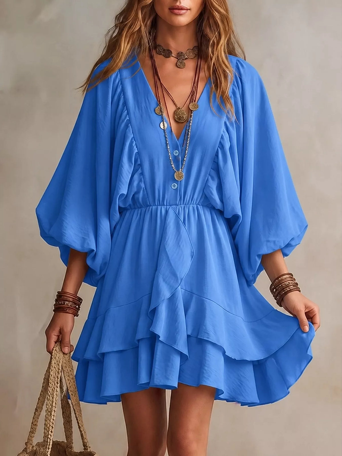 Blue ruffled tiered mini dress with balloon sleeves and V-neckline