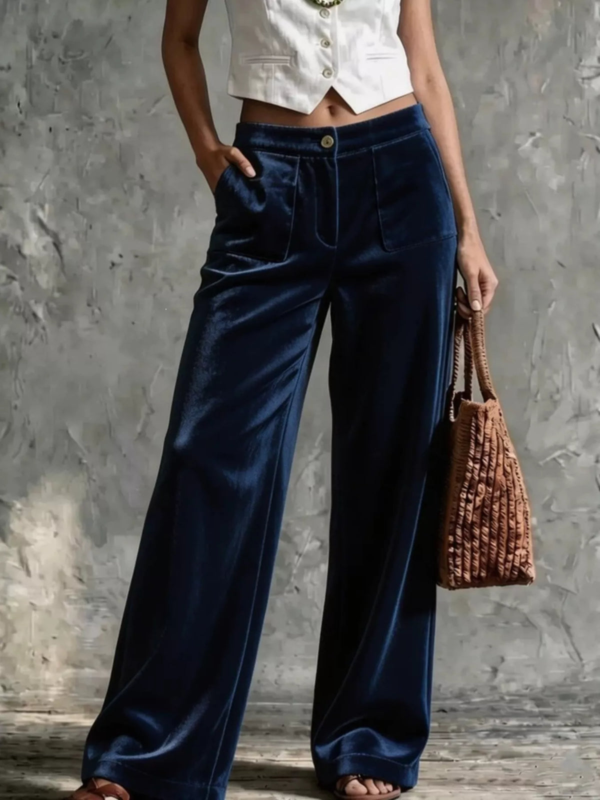 Dark blue velvet wide-leg pants with button front and side patch pockets