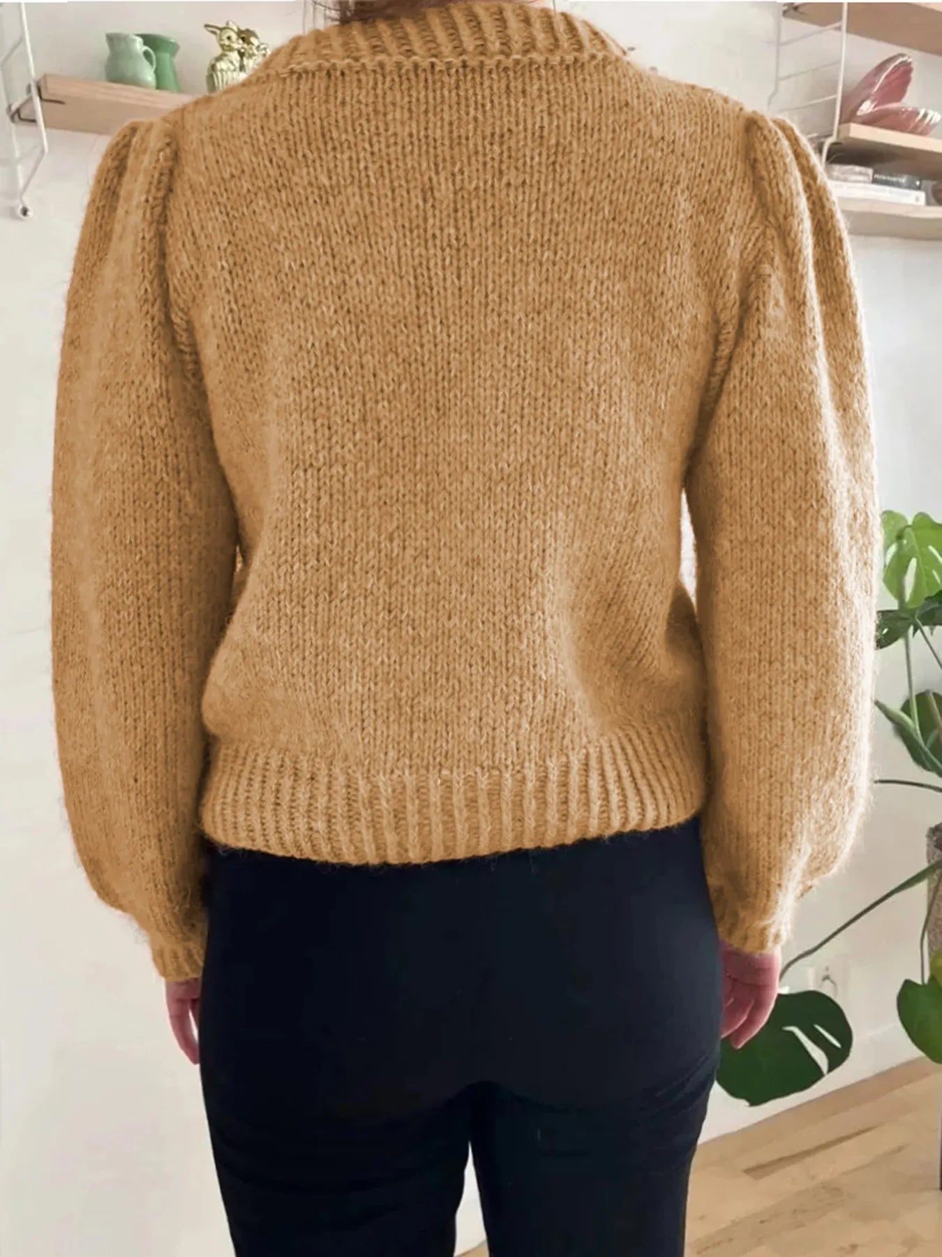 Khaki textured knit round neck long sleeve sweater, back view with ribbed hem
