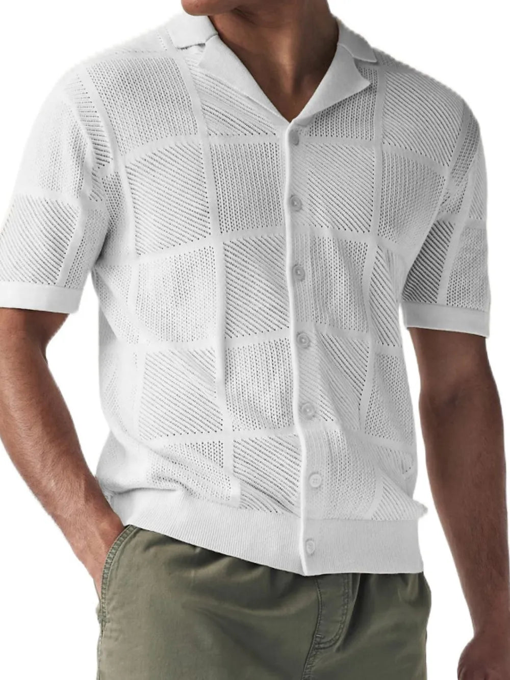 Ivory button-down eyelet checkered knit shirt with short sleeves and front buttons