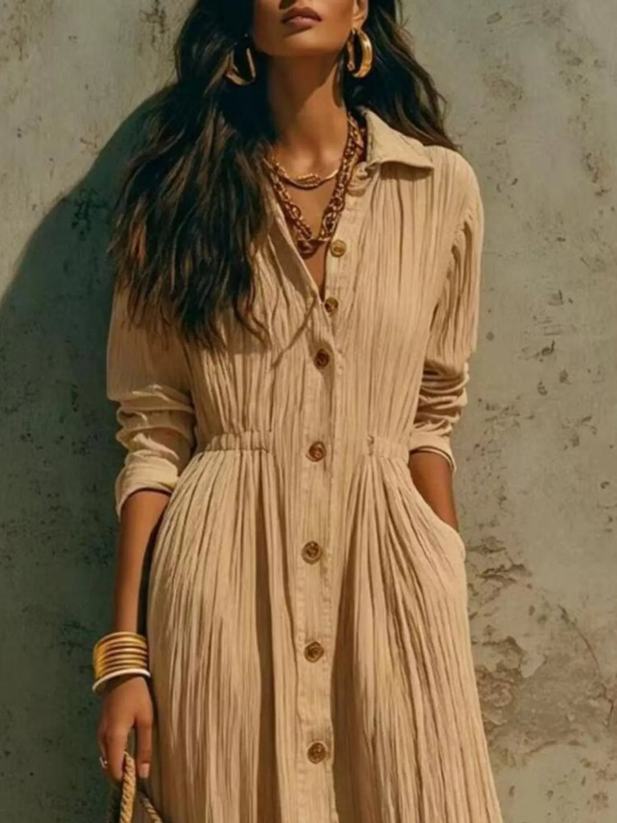 Tan button-front maxi shirt dress with long sleeves, vertical textured stripe and buttons