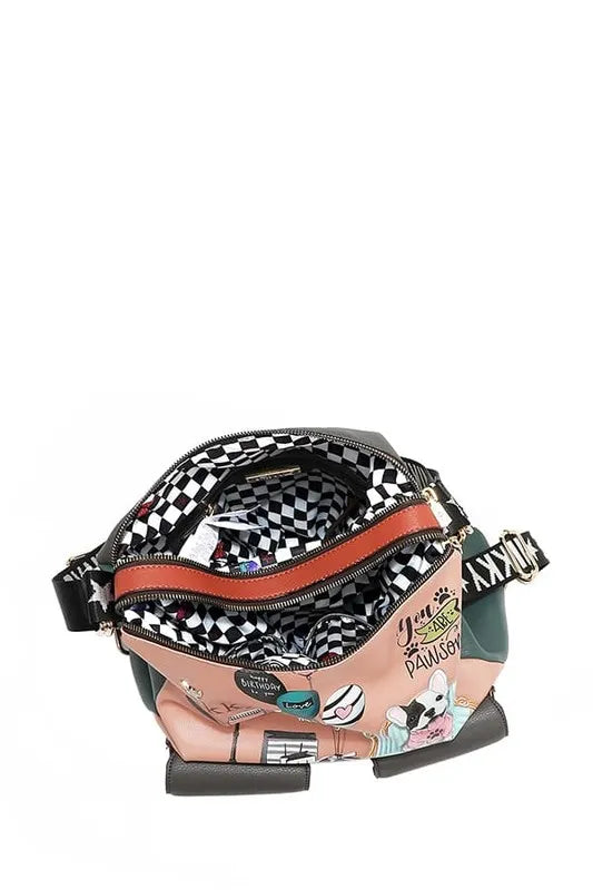 Small top-handle backpack with black checker lining and red zipper trim