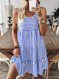 Blue-and-white striped tiered ruffle tank dress, sleeveless with tiered skirt.