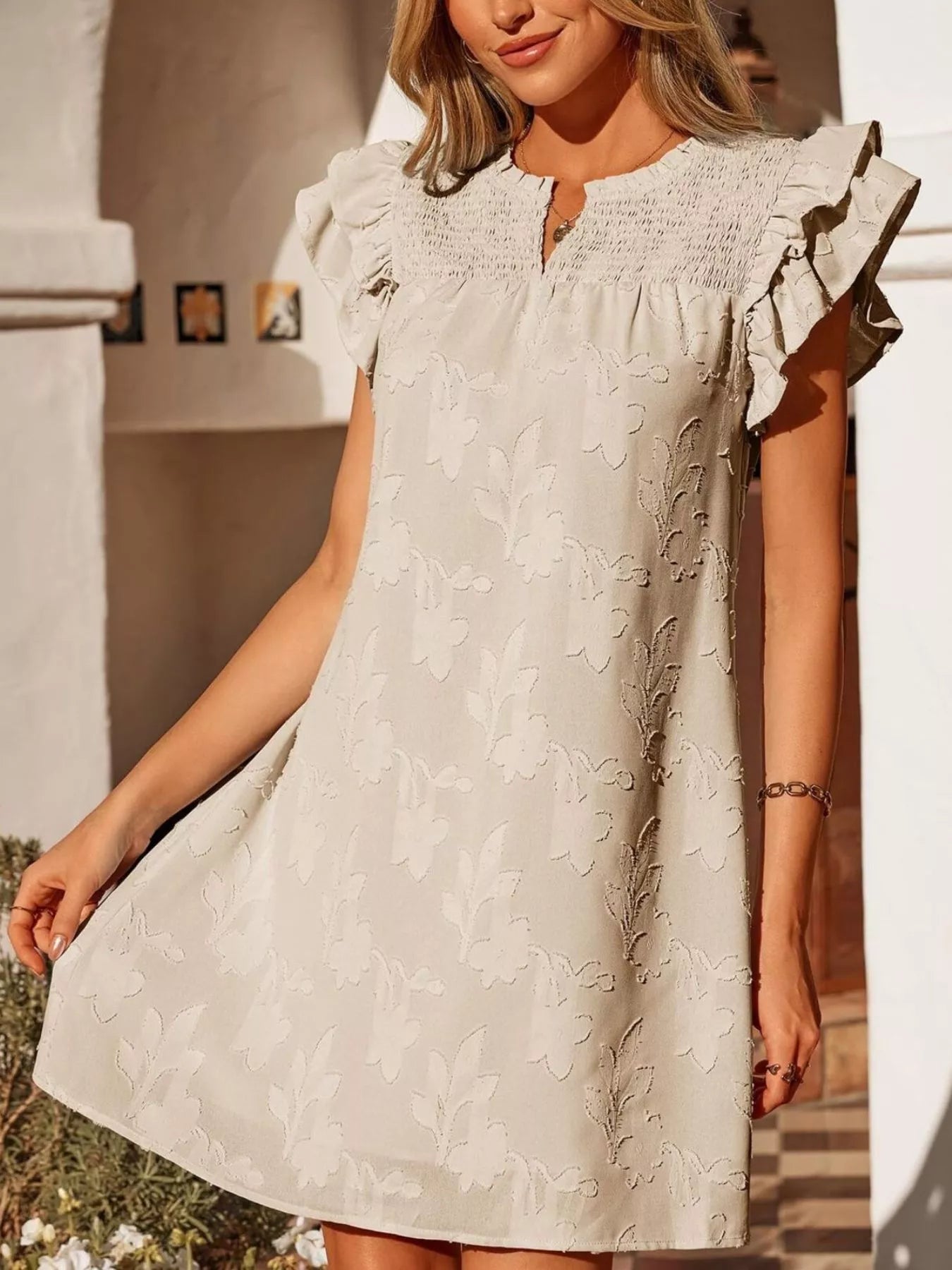 Floral Embossed Ruffle-Sleeve Mini Dress by Trendsi in cream with smocked bodice