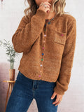 Brown button-up ribbed hem cardigan with chest pocket and multicolor button placket